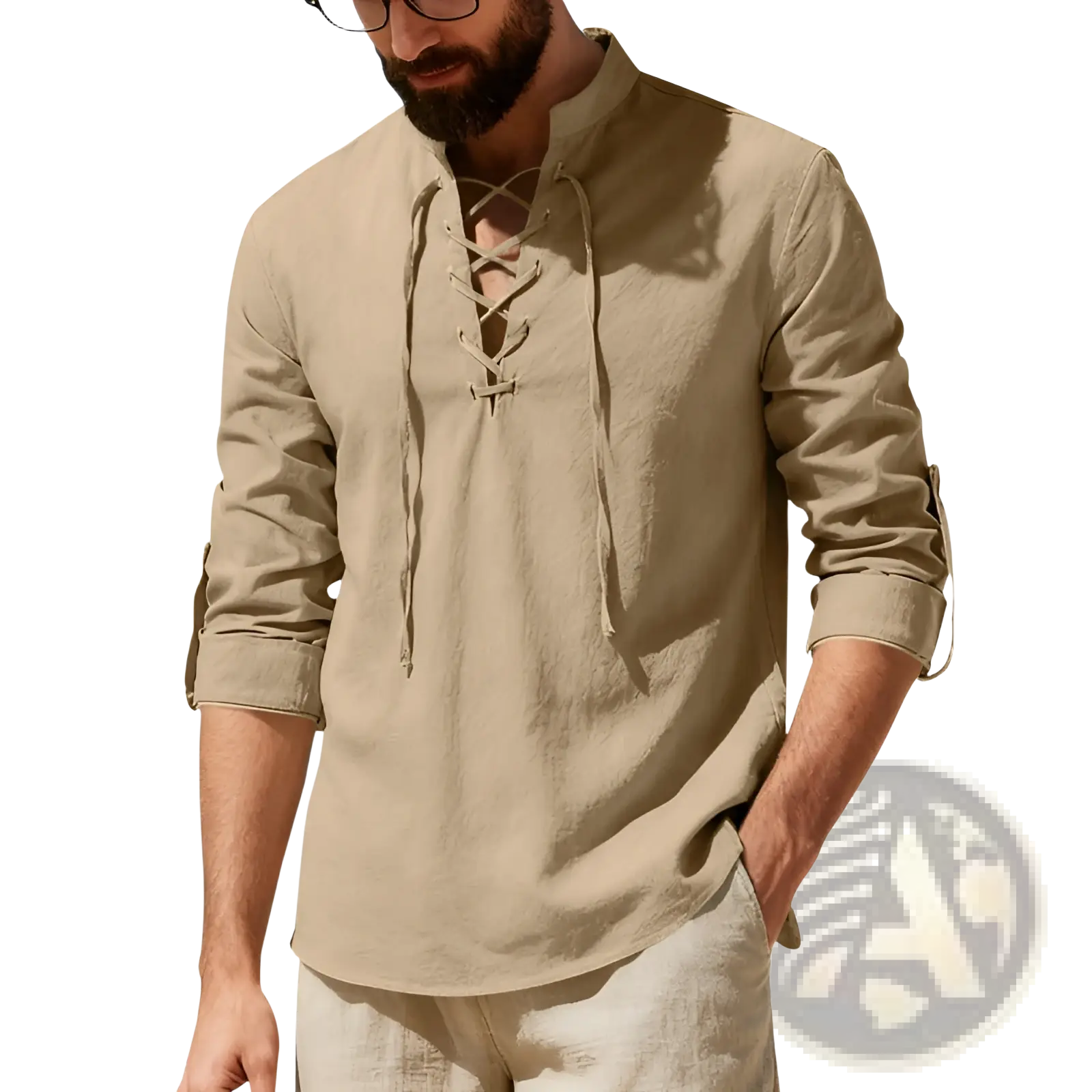 Beige men’s lace up linen henley shirt with long sleeves rolled up and a relaxed fit design