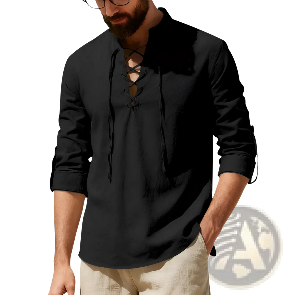 Men’s black linen henley shirt with long lace up sleeves and rolled cuffs for casual wear