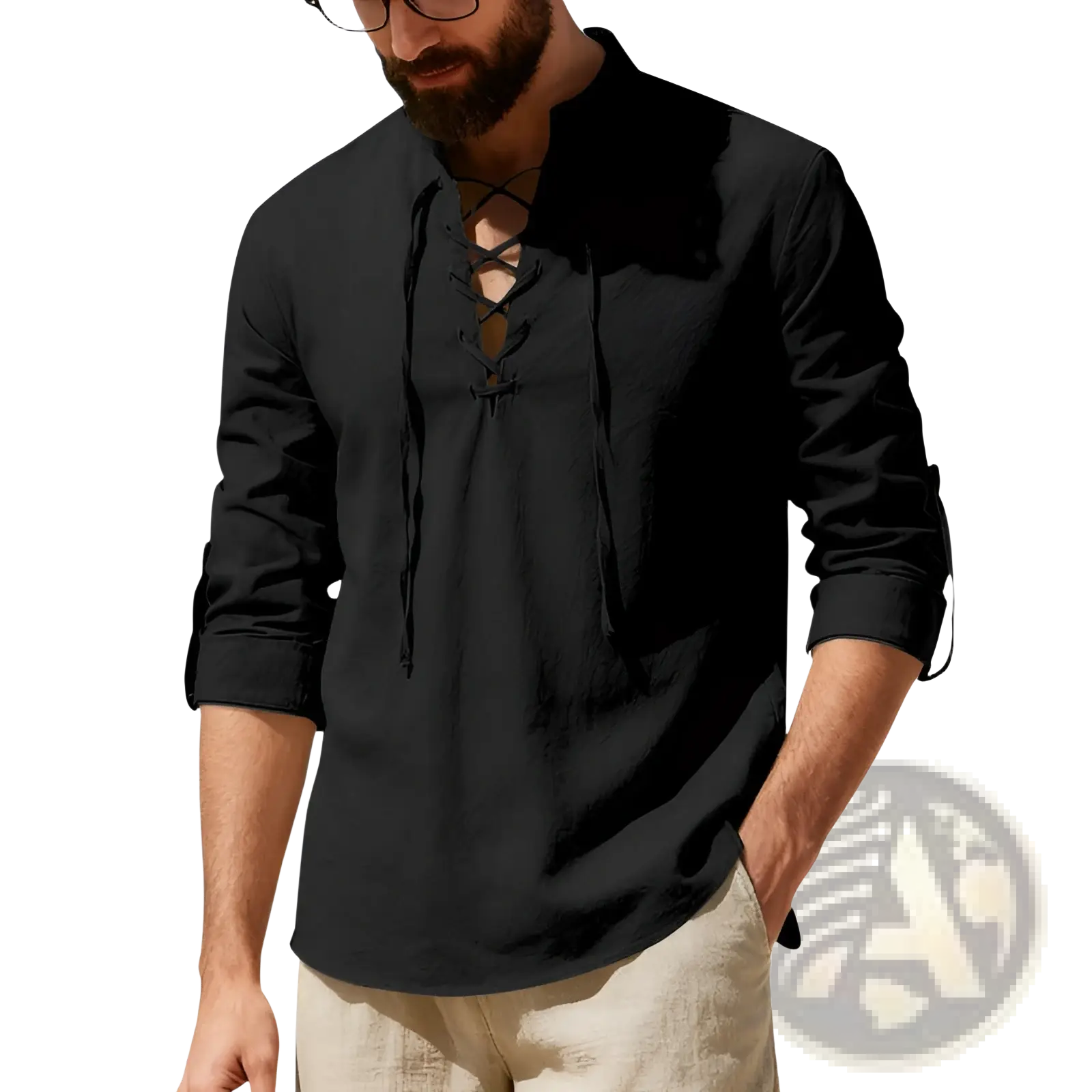 Men’s black linen henley shirt with long lace up sleeves and rolled cuffs for casual wear