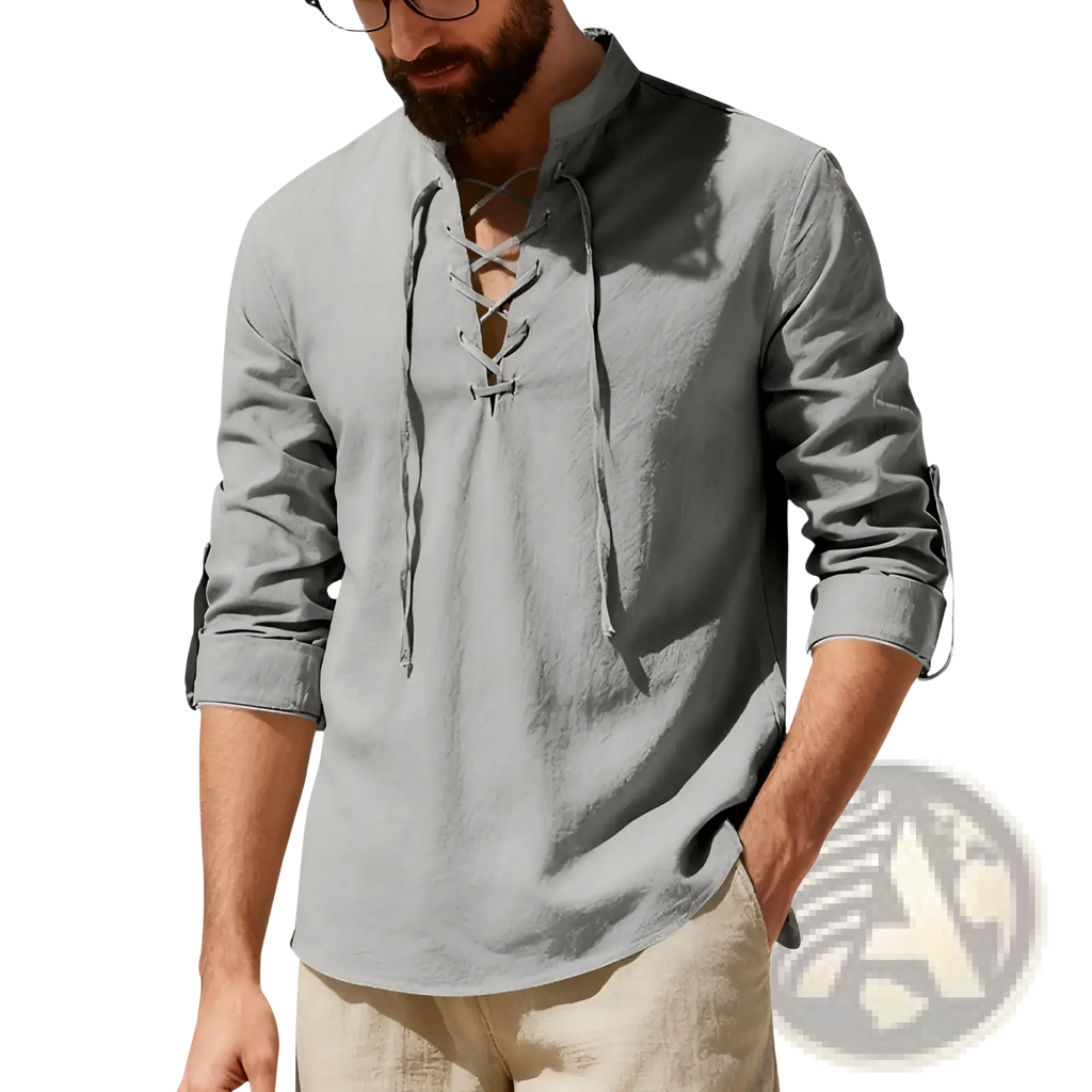 Men’s gray linen long-sleeved henley shirt with lace-up front and roll-up sleeves in casual style