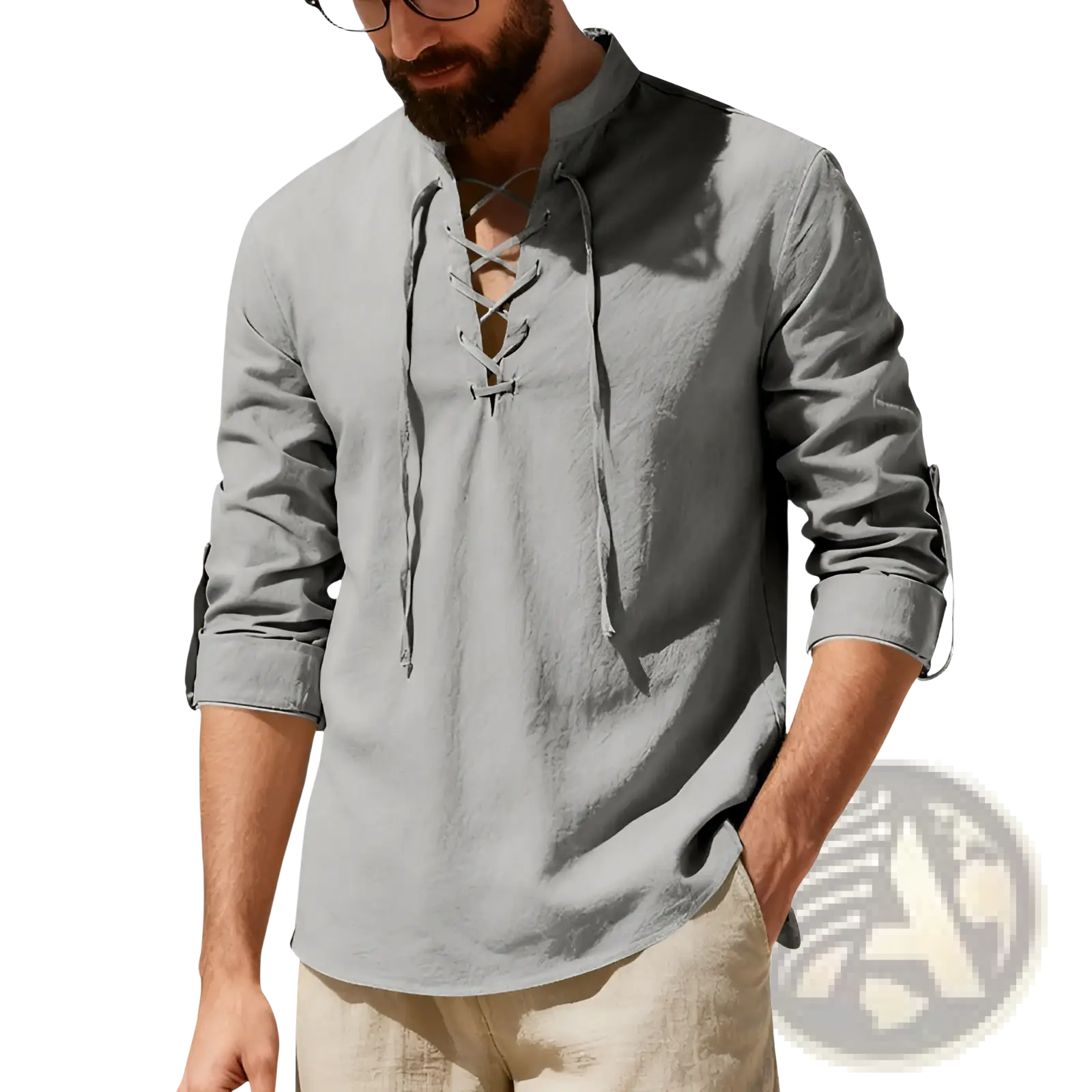 Men’s gray linen long-sleeved henley shirt with lace-up front and roll-up sleeves in casual style