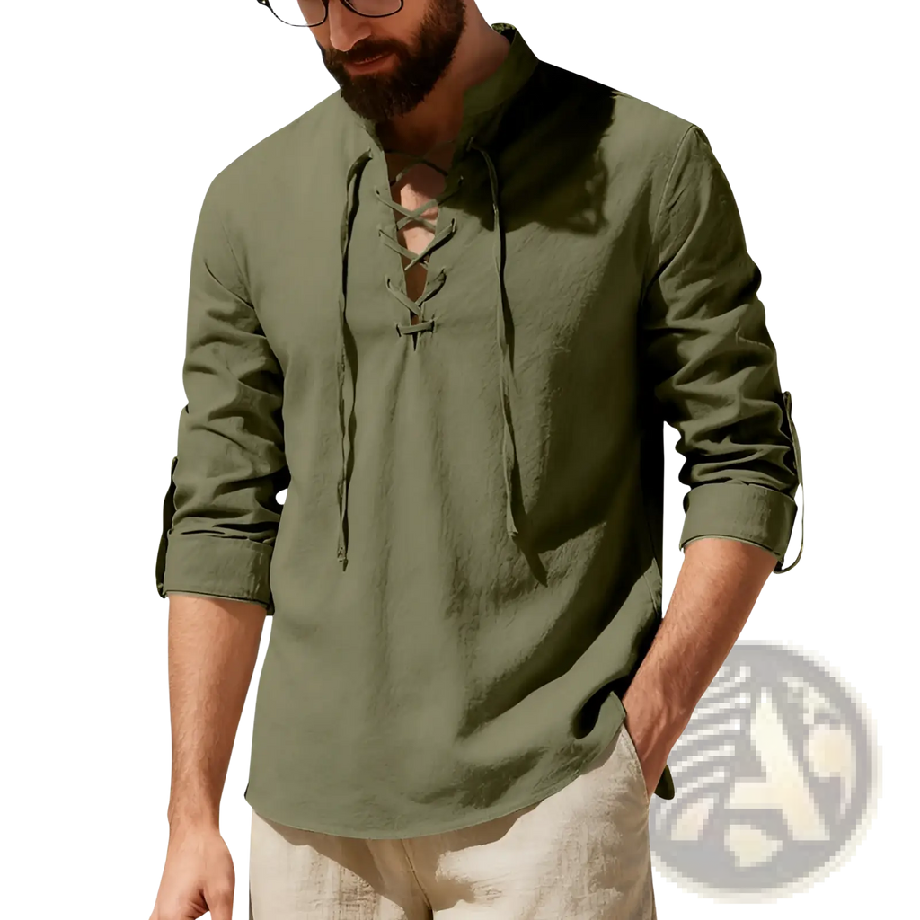 Men’s olive green long-sleeved lace up linen henley shirt with roll up sleeves and rolled cuffs