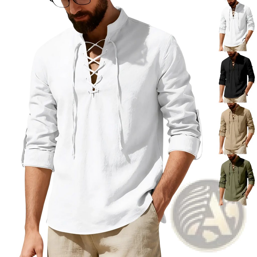 Men’s white long-sleeved lace-up linen henley shirt with rolled cuffs and mandarin collar for casual wear