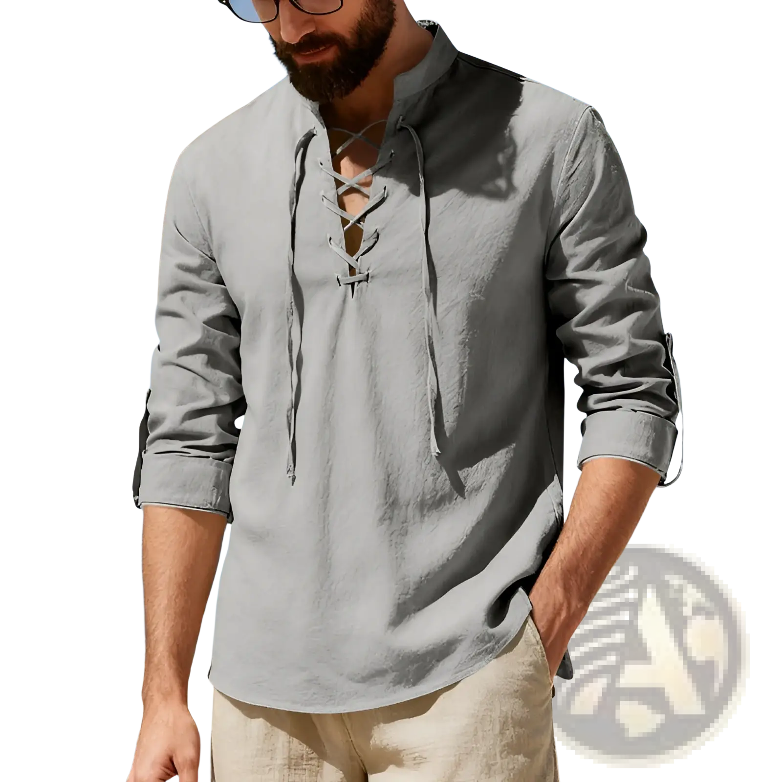 Men’s gray linen henley shirt with lace up front and rolled sleeves suitable for casual wear