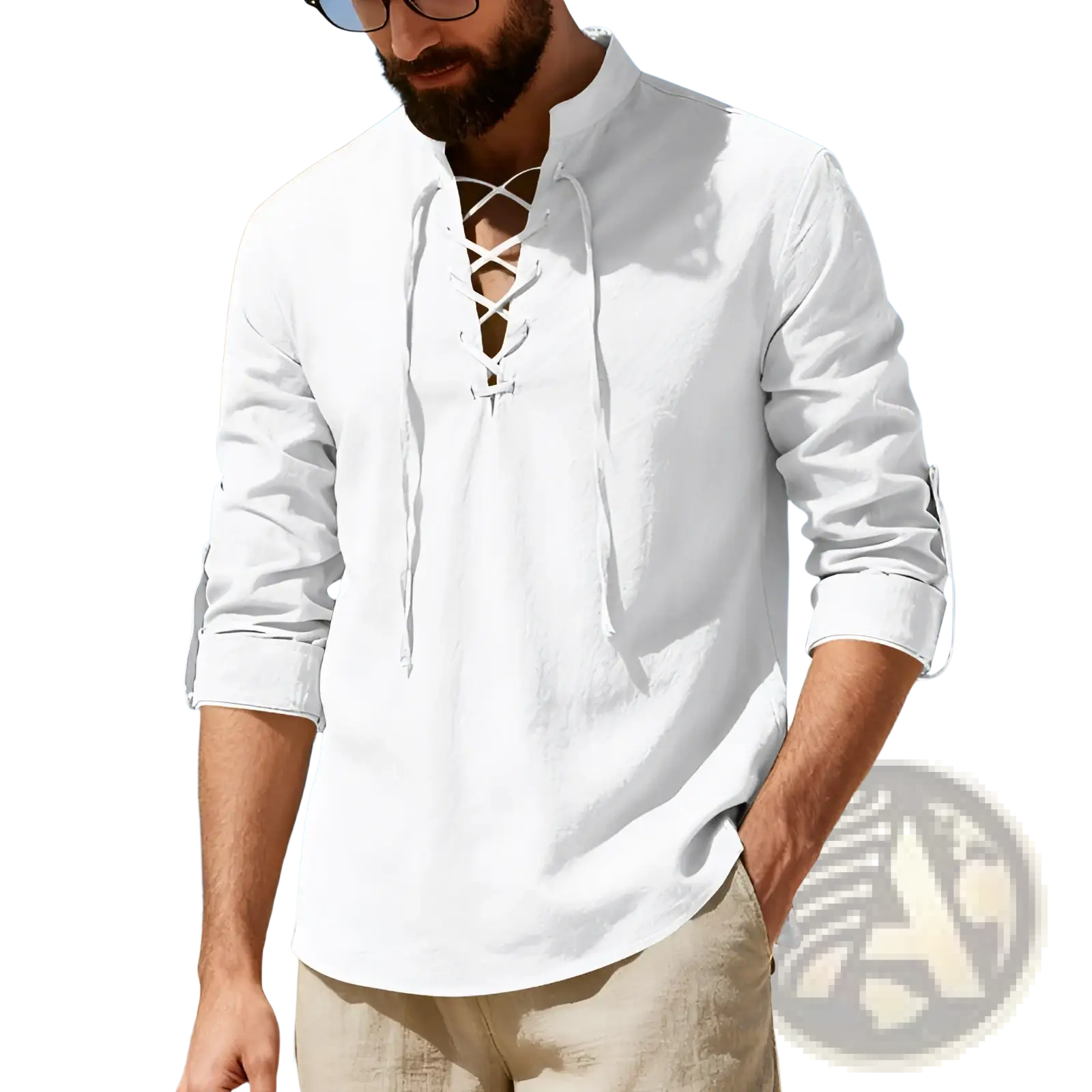 Men’s white linen henley shirt with lace up front and roll up sleeves for casual or semi-formal wear