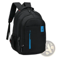 Men’s black nylon canvas laptop backpack with blue zipper accents and front pocket brand patch for school use