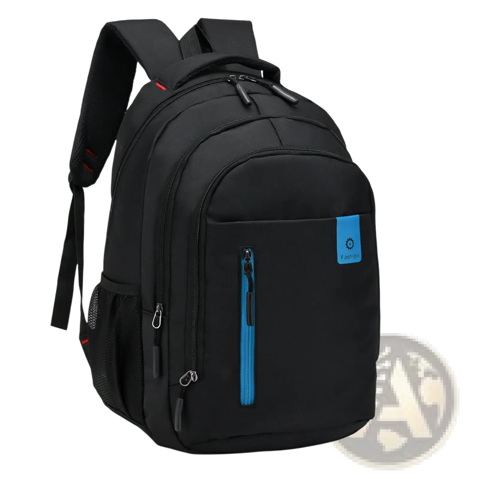 Men’s black nylon canvas laptop backpack with blue zipper accents and front pocket brand patch for school use