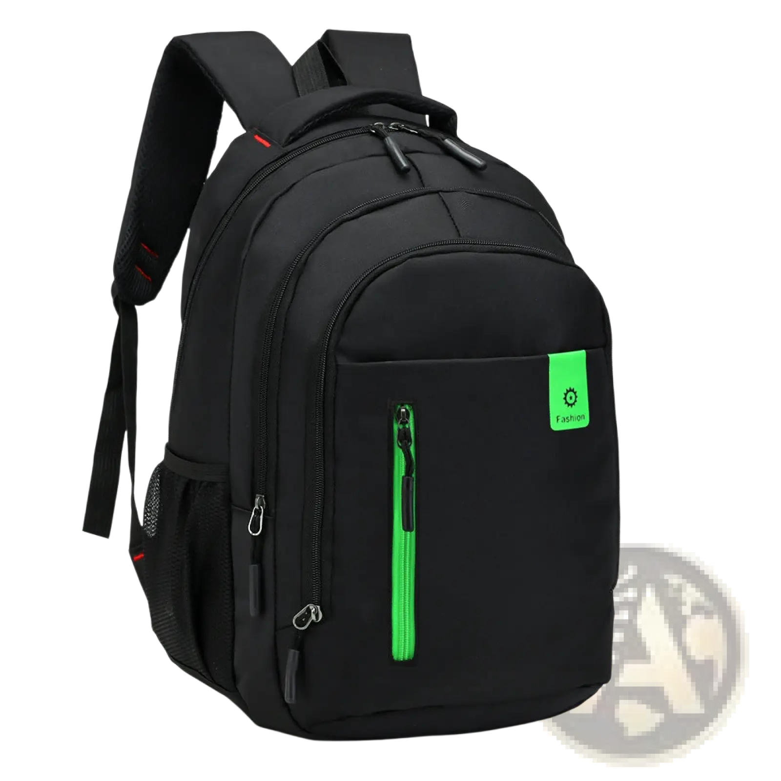 Men’s black nylon canvas laptop backpack with neon green zipper accents and matching brand patch for school use