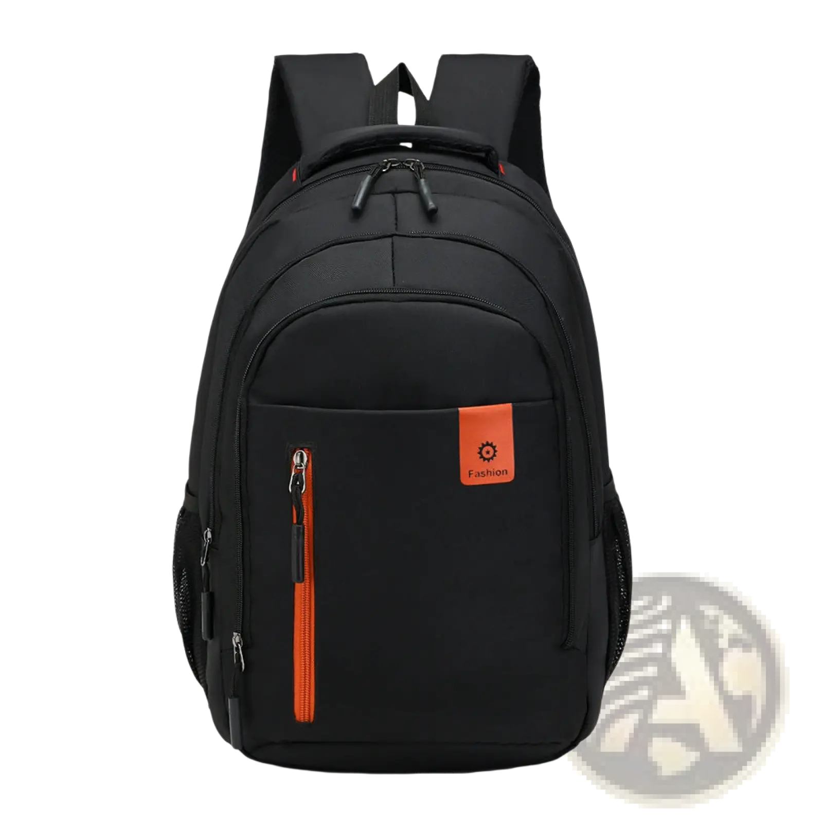Men’s black nylon canvas laptop backpack with orange zipper pull and matching orange patch on front pocket