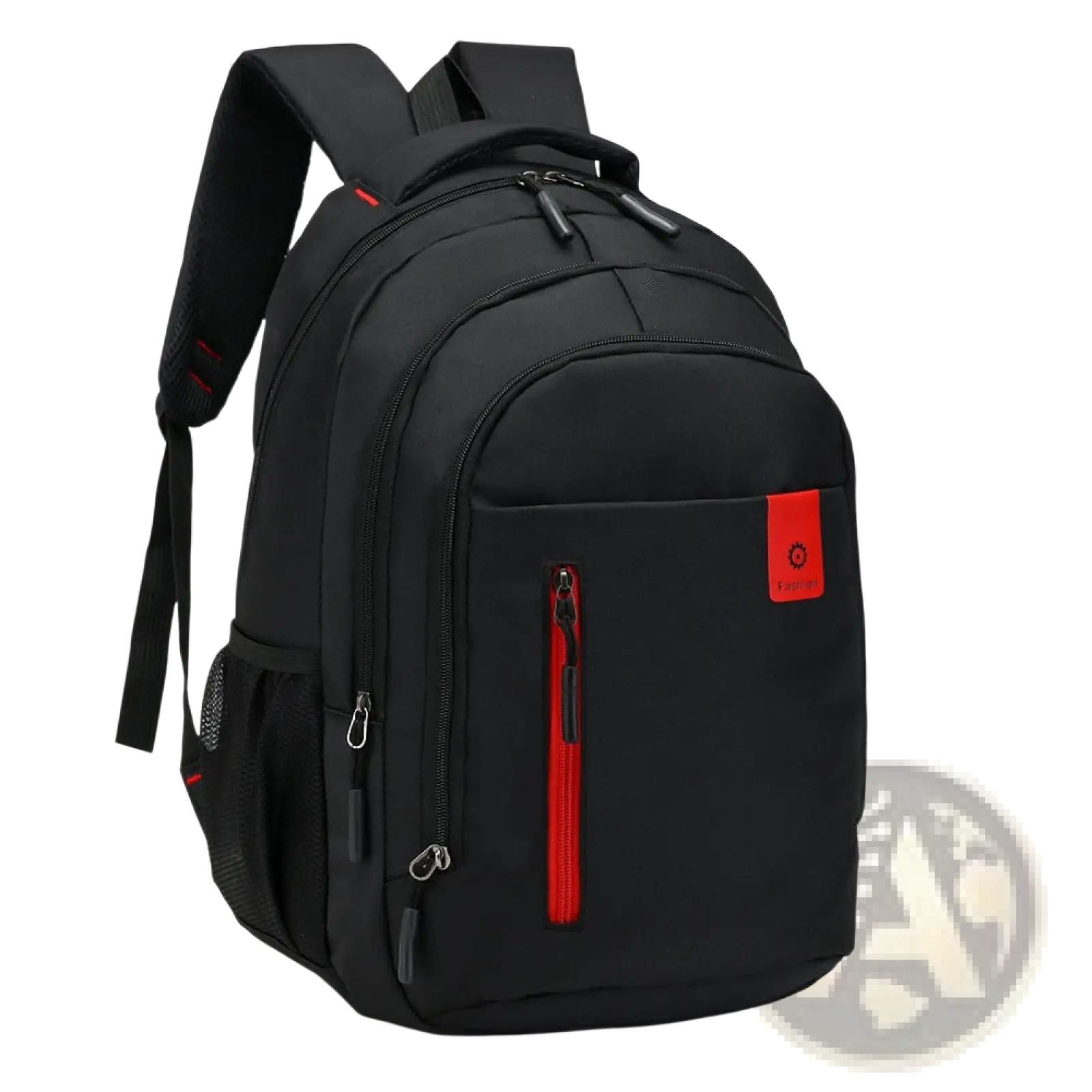 Men’s black nylon canvas laptop backpack with red zipper pulls and small orange brand patch on front pocket