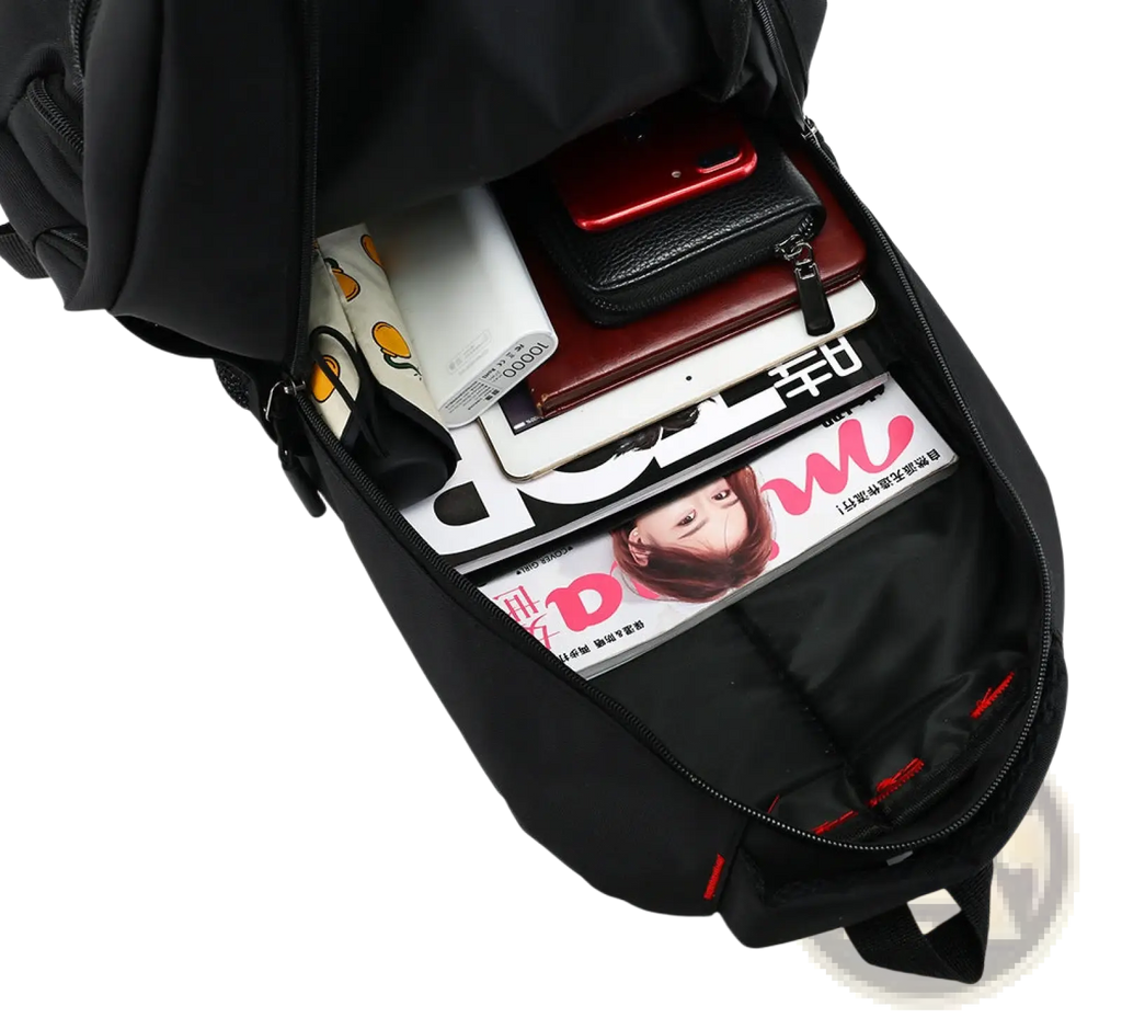 Men’s laptop backpack nylon canvas school bag in black with red zipper accents and zippered main compartment filled