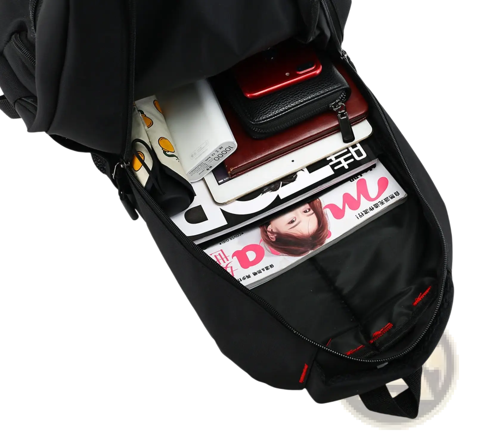 Men’s laptop backpack nylon canvas school bag in black with red zipper accents and zippered main compartment filled