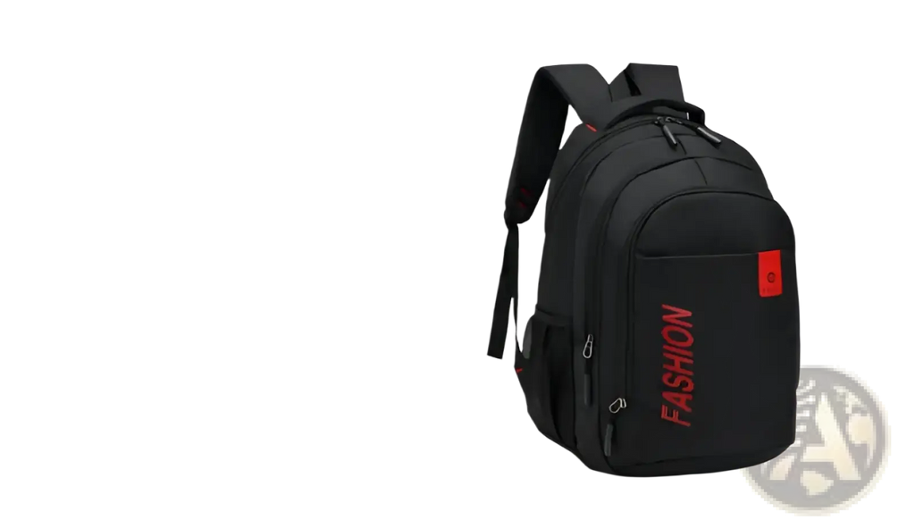 Men’s black nylon canvas laptop backpack with red fashion lettering and small orange patch for school use