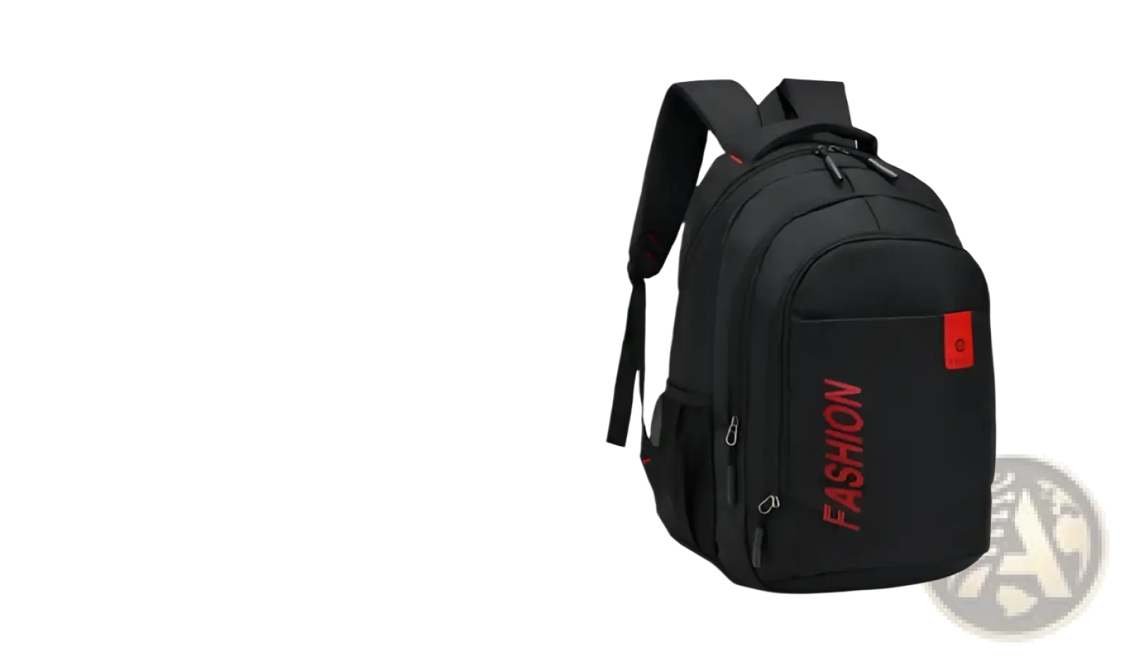 Men’s black nylon canvas laptop backpack with red fashion lettering and small orange patch for school use