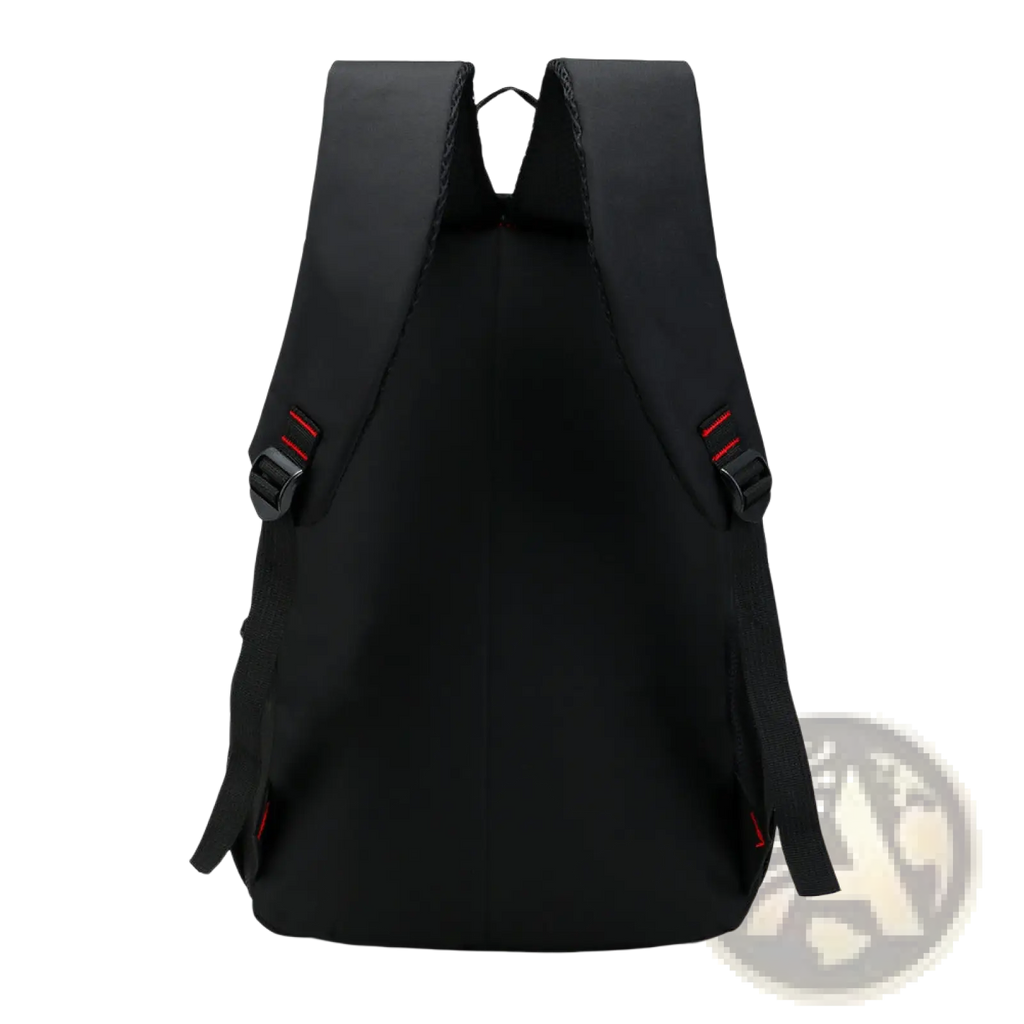 Men’s laptop backpack nylon canvas school bag in black with red accent stitching and black plastic buckles