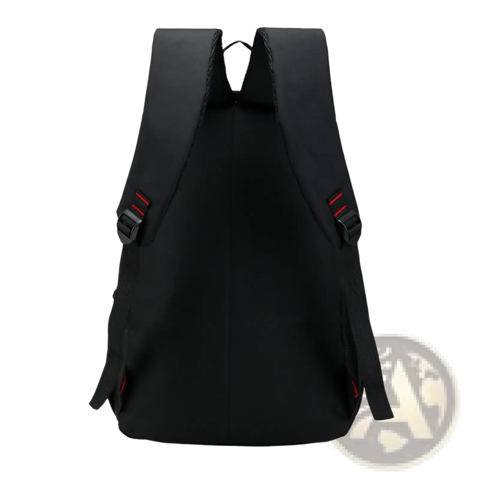 Men’s laptop backpack nylon canvas school bag in black with red accent stitching and black plastic buckles