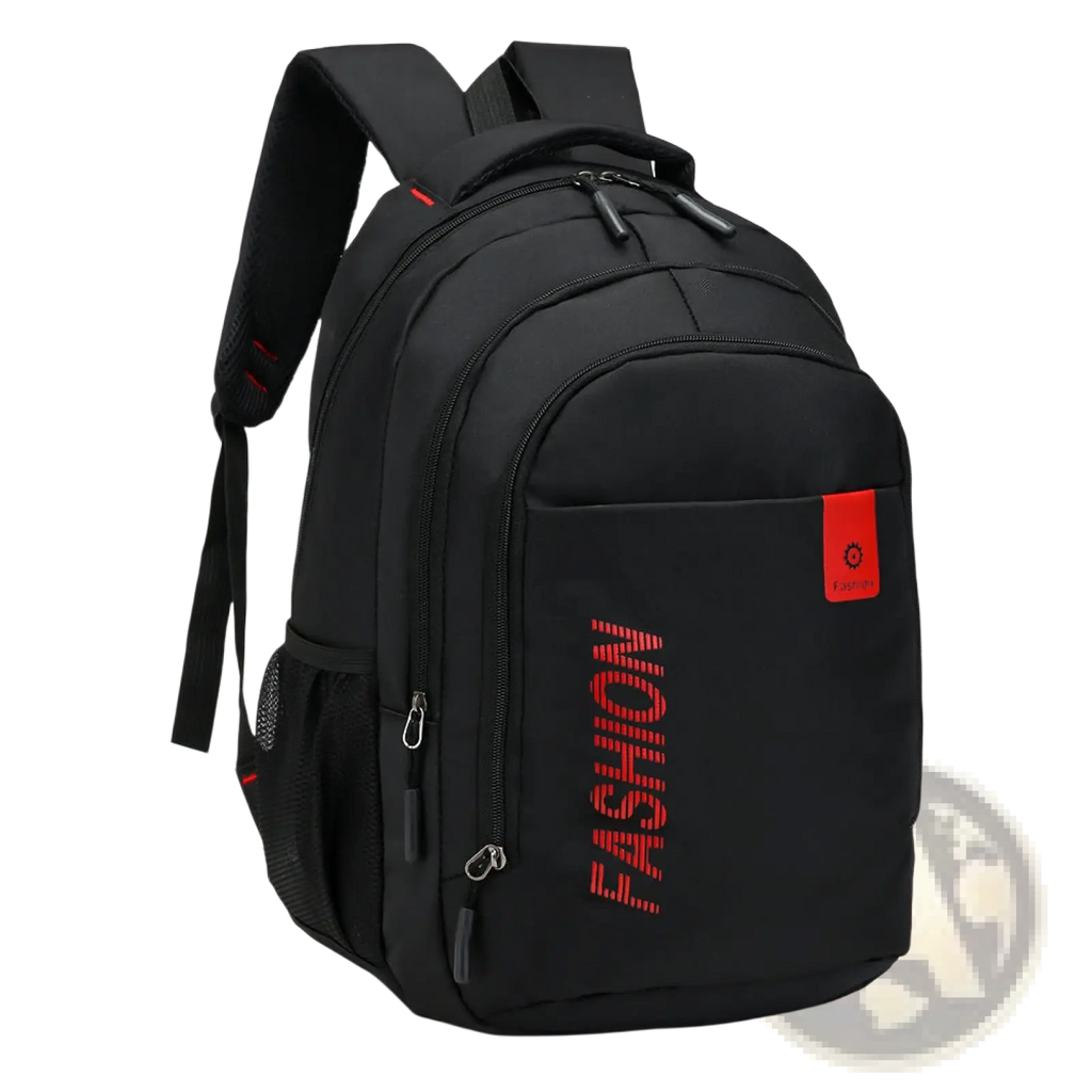 Black nylon canvas men’s laptop backpack with red fashion lettering and small orange logo patch for school use