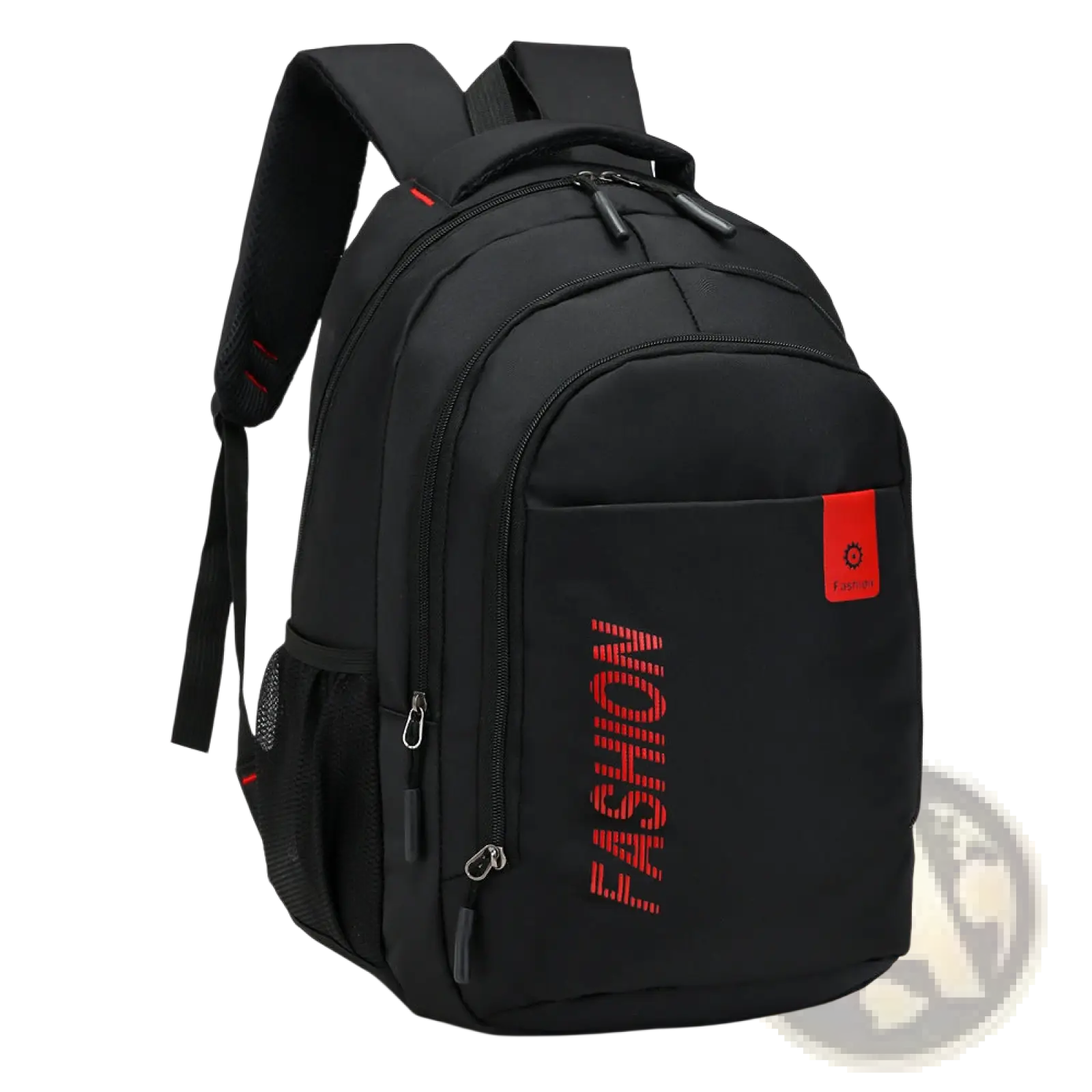 Black nylon canvas men’s laptop backpack with red fashion lettering and small orange logo patch for school use