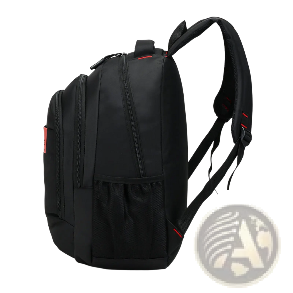Men’s laptop backpack made of black nylon canvas with red zipper pulls and a mesh side pocket for school use