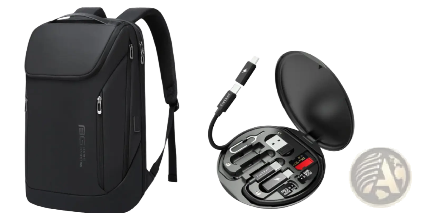 Black fgs branded men’s laptop travel backpack with usb charging multiple zippered compartments and adjustable straps