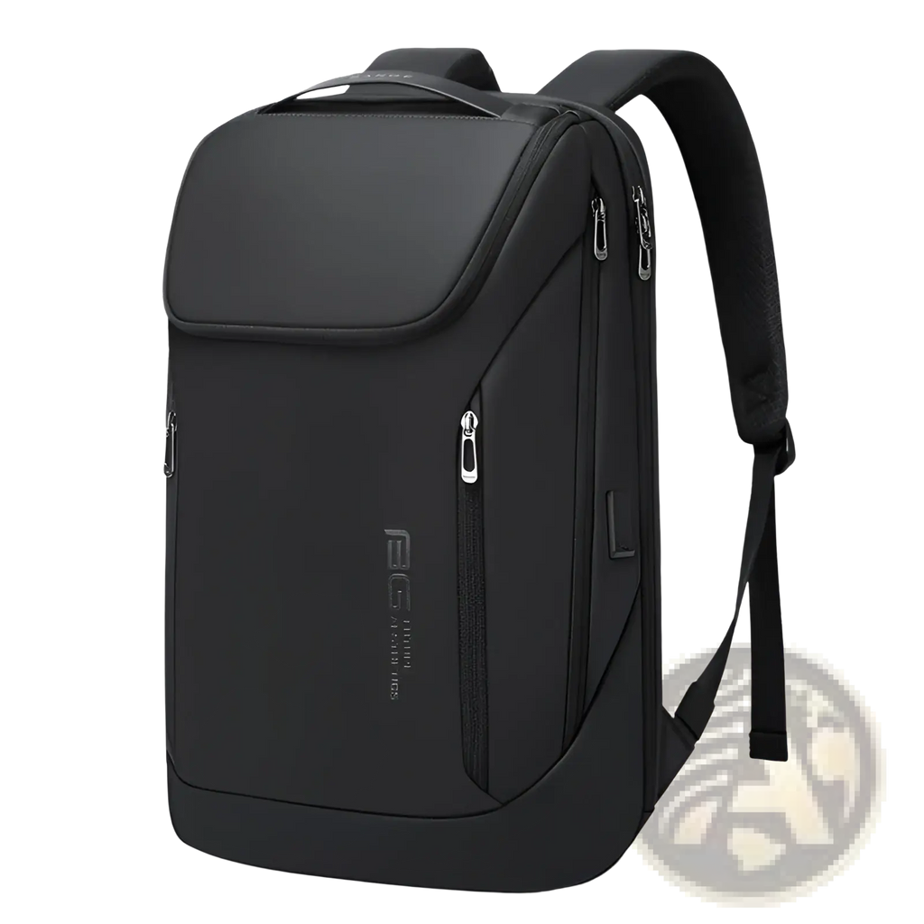 Black nylon men’s laptop travel backpack with usb charging port silver zippers and subtle front brand logo