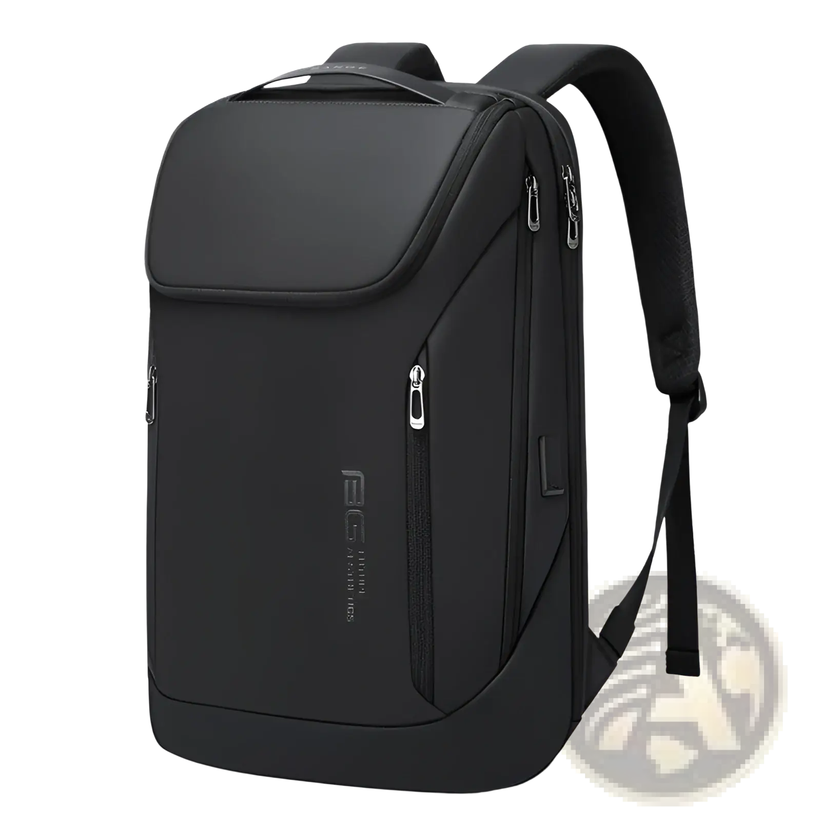Black nylon men’s laptop travel backpack with usb charging port silver zippers and subtle front brand logo
