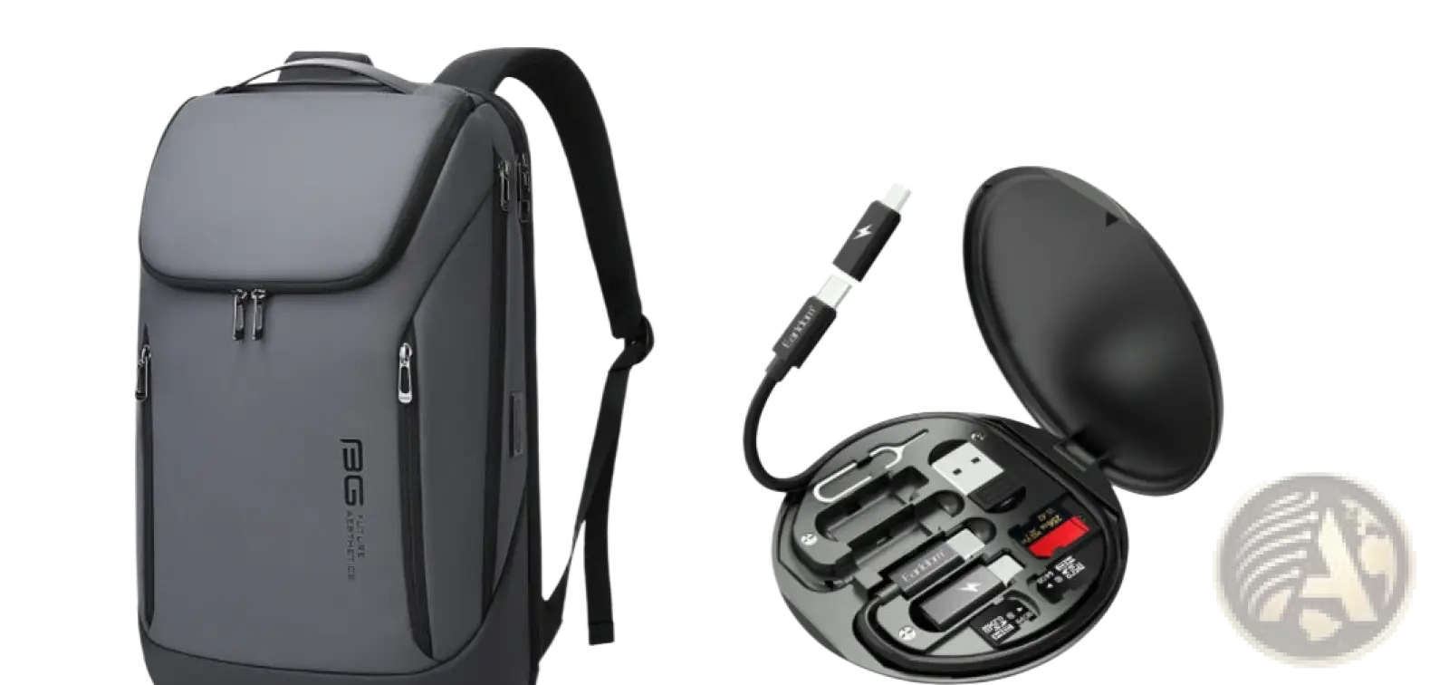 Black and gray men’s laptop travel backpack with usb charging port multiple zippers and subtle front brand logo