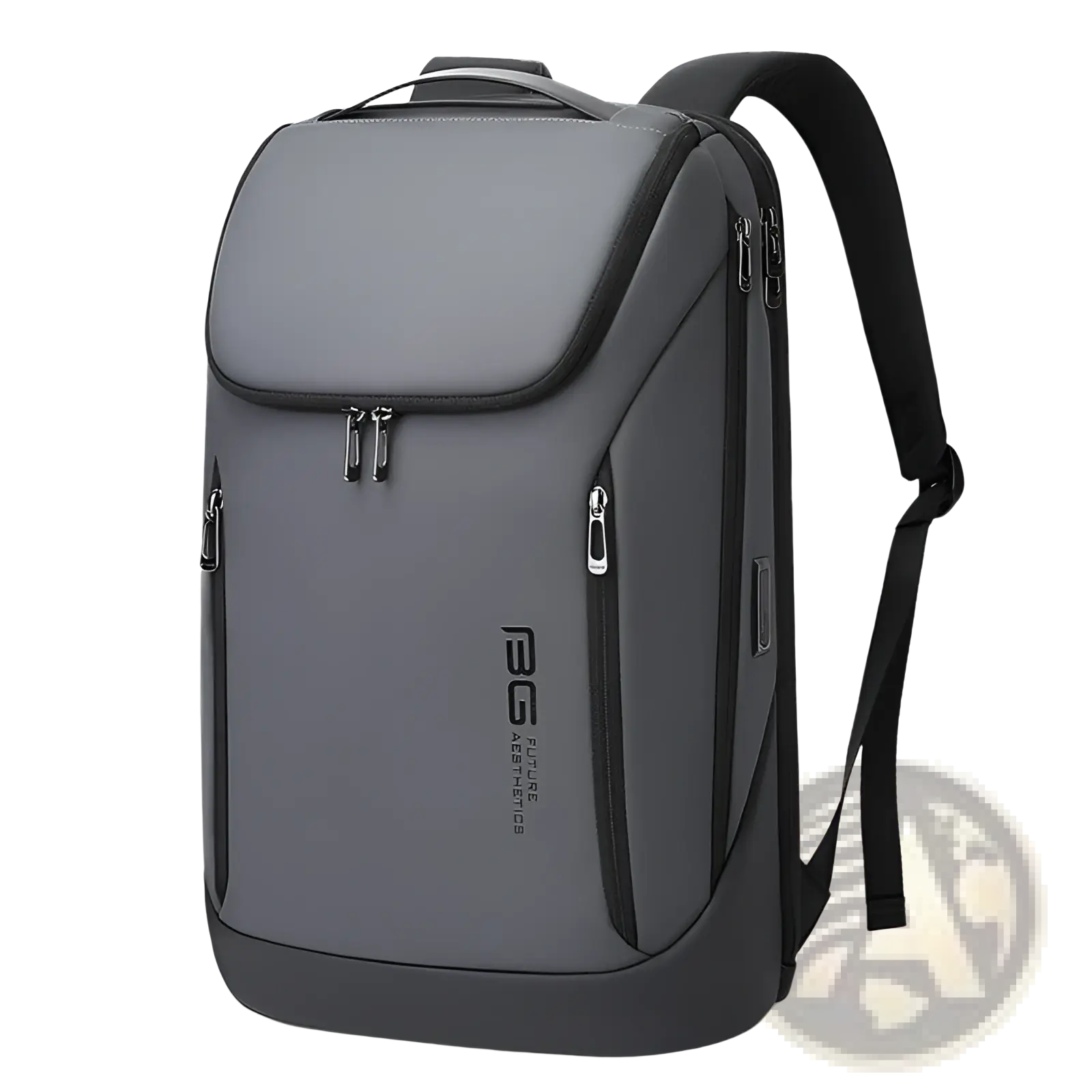 Gray rgs future aesthetics men’s laptop travel backpack with usb charging featuring black zippers and shoulder straps