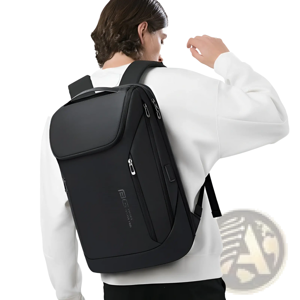 Men’s black bgc branded laptop travel backpack featuring a sleek modern design with multiple zippered compartments and usb charging