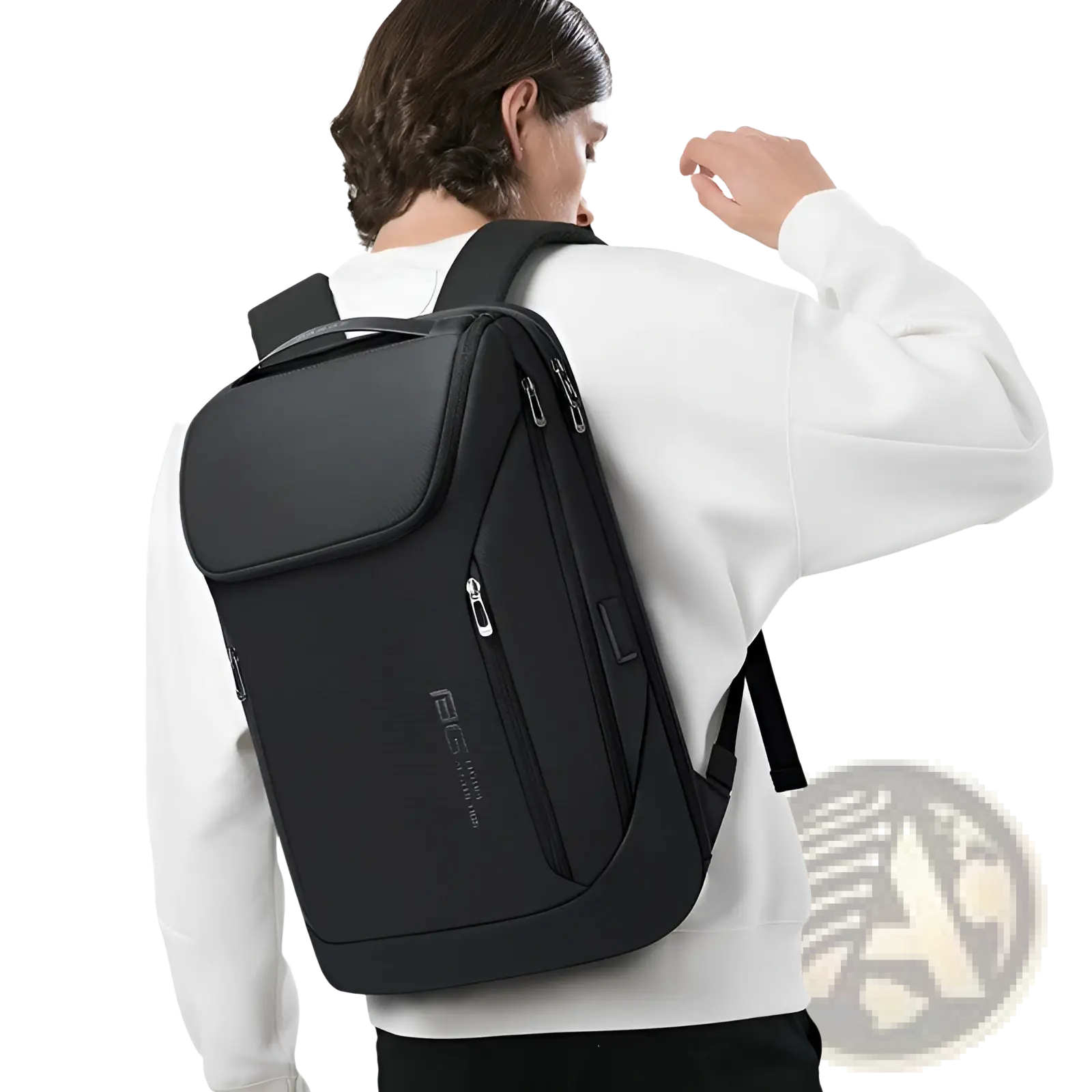 Men’s black bgc branded laptop travel backpack featuring a sleek modern design with multiple zippered compartments and usb charging