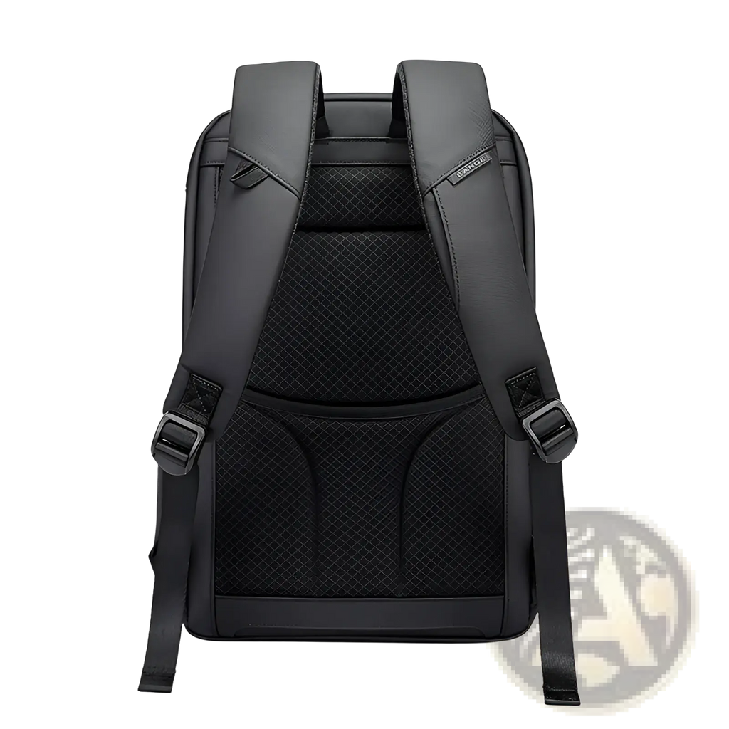 Black leather laptop travel backpack with mesh paneling and adjustable straps shown from the back side