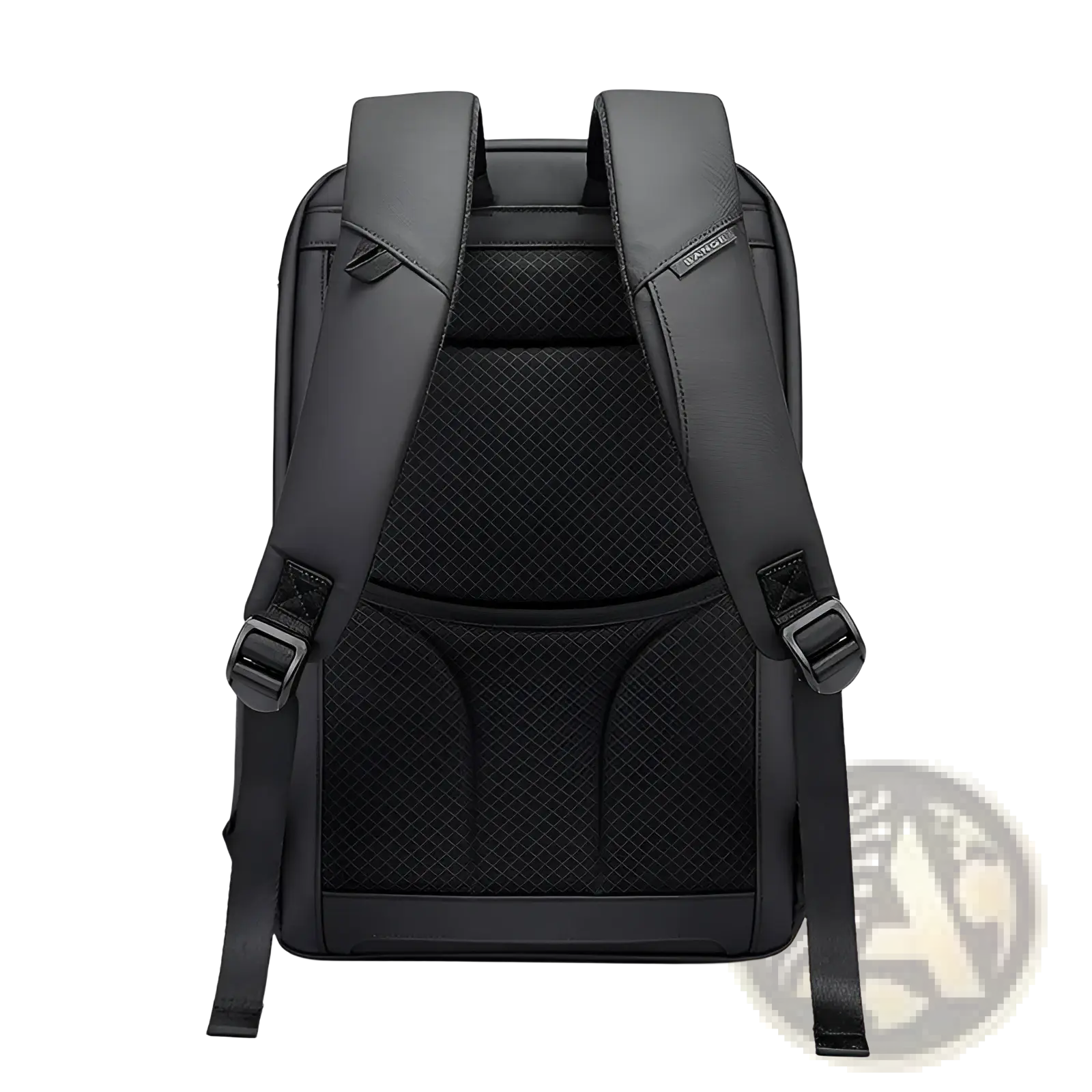 Black leather laptop travel backpack with mesh paneling and adjustable straps shown from the back side