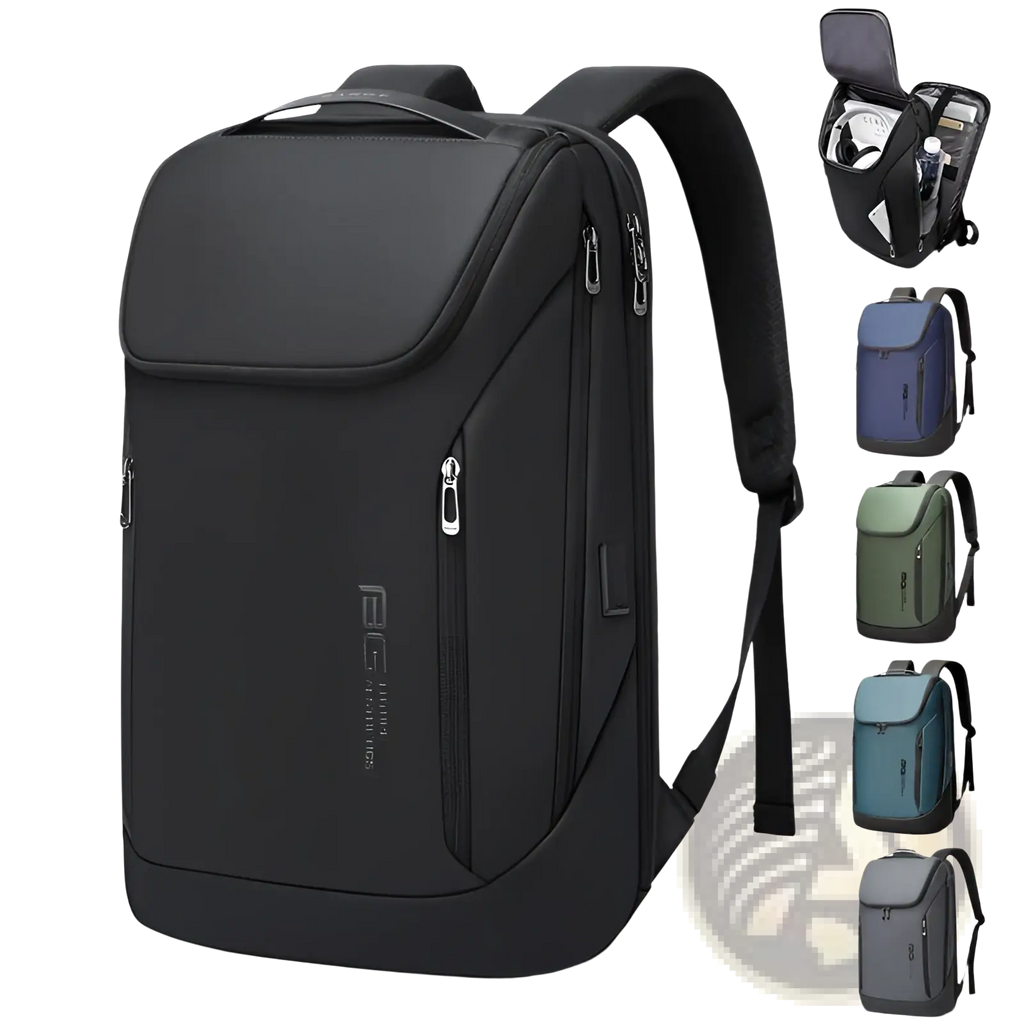 Black nylon men’s laptop travel backpack with usb charging and multiple zippered compartments in sleek design