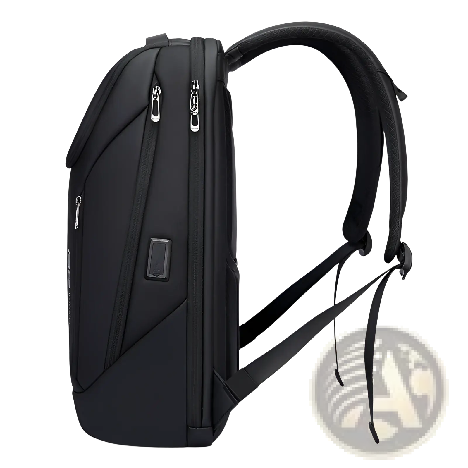 Men’s laptop travel backpack in black nylon with silver zippers and built-in usb charging port visible from the back side