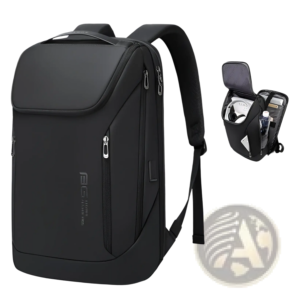 Men’s black nylon laptop travel backpack with silver zippers and built-in usb charging port