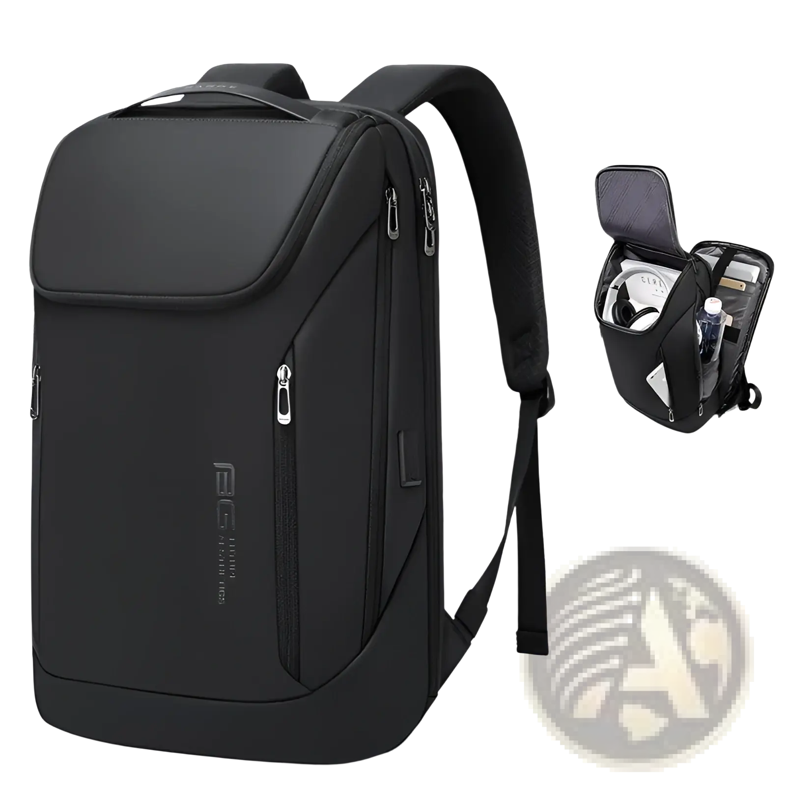 Men’s black nylon laptop travel backpack with silver zippers and built-in usb charging port