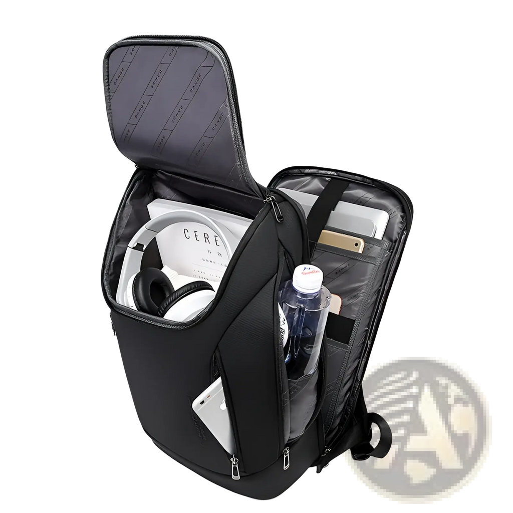 Men’s black textured laptop travel backpack with multiple compartments and usb charging port for tech gear
