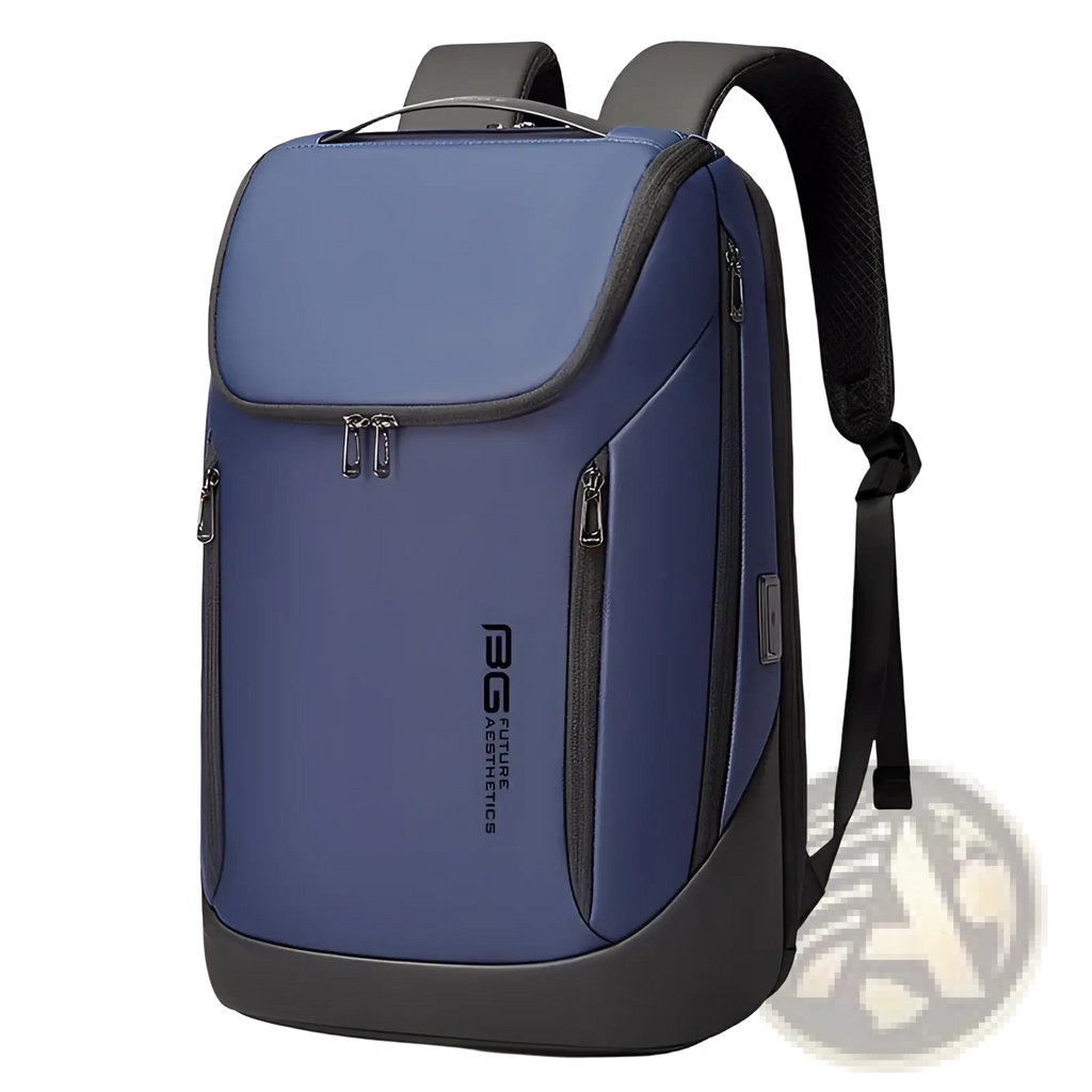Men’s laptop travel backpack in blue and black with multiple zippers, padded shoulder straps, and usb charging port