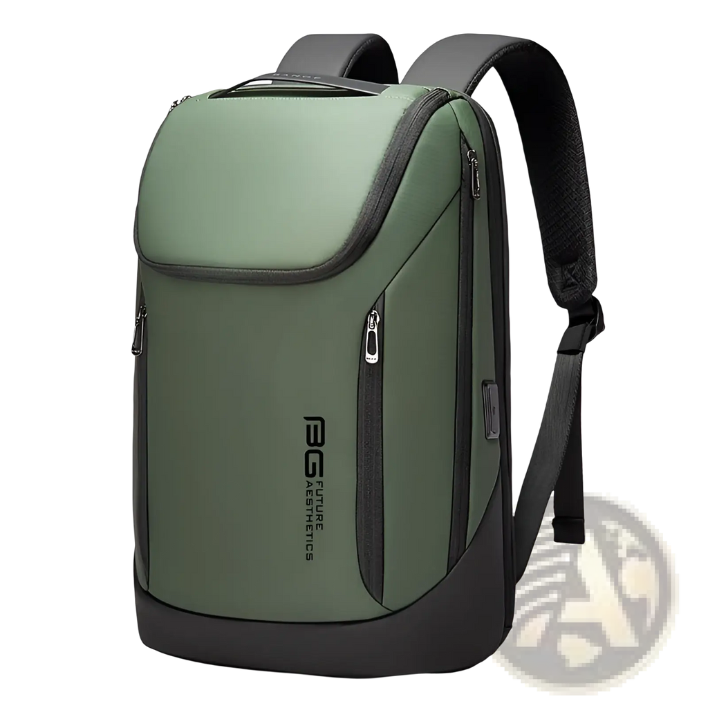 Men’s olive green and black laptop travel backpack with usb charging multiple zippers and future aesthetics logo