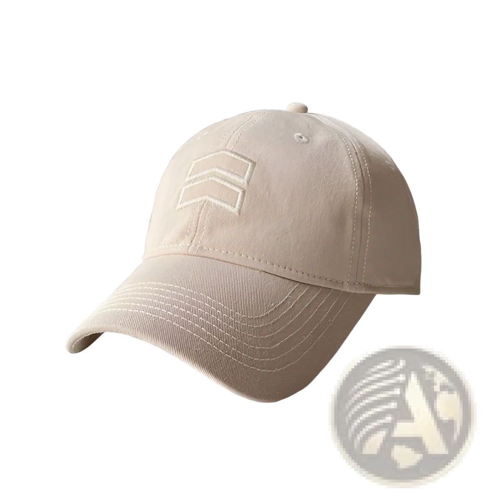 Men’s large fit cotton baseball cap in beige with a subtle white embroidered logo on the front