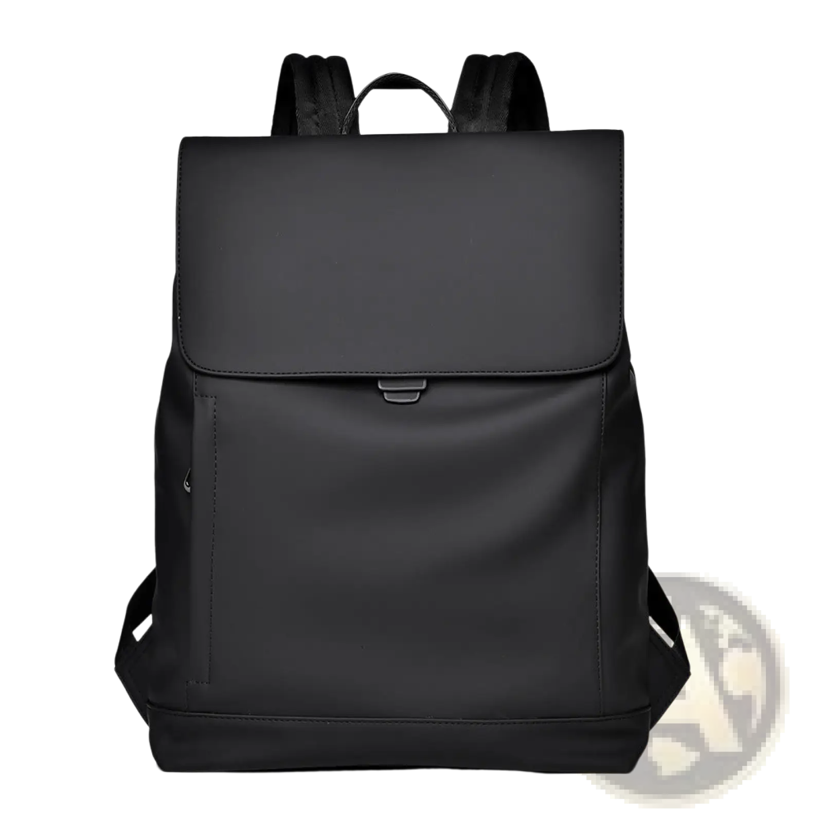 Men’s large black nylon business travel backpack with sleek matte finish fabric and subtle stitching details
