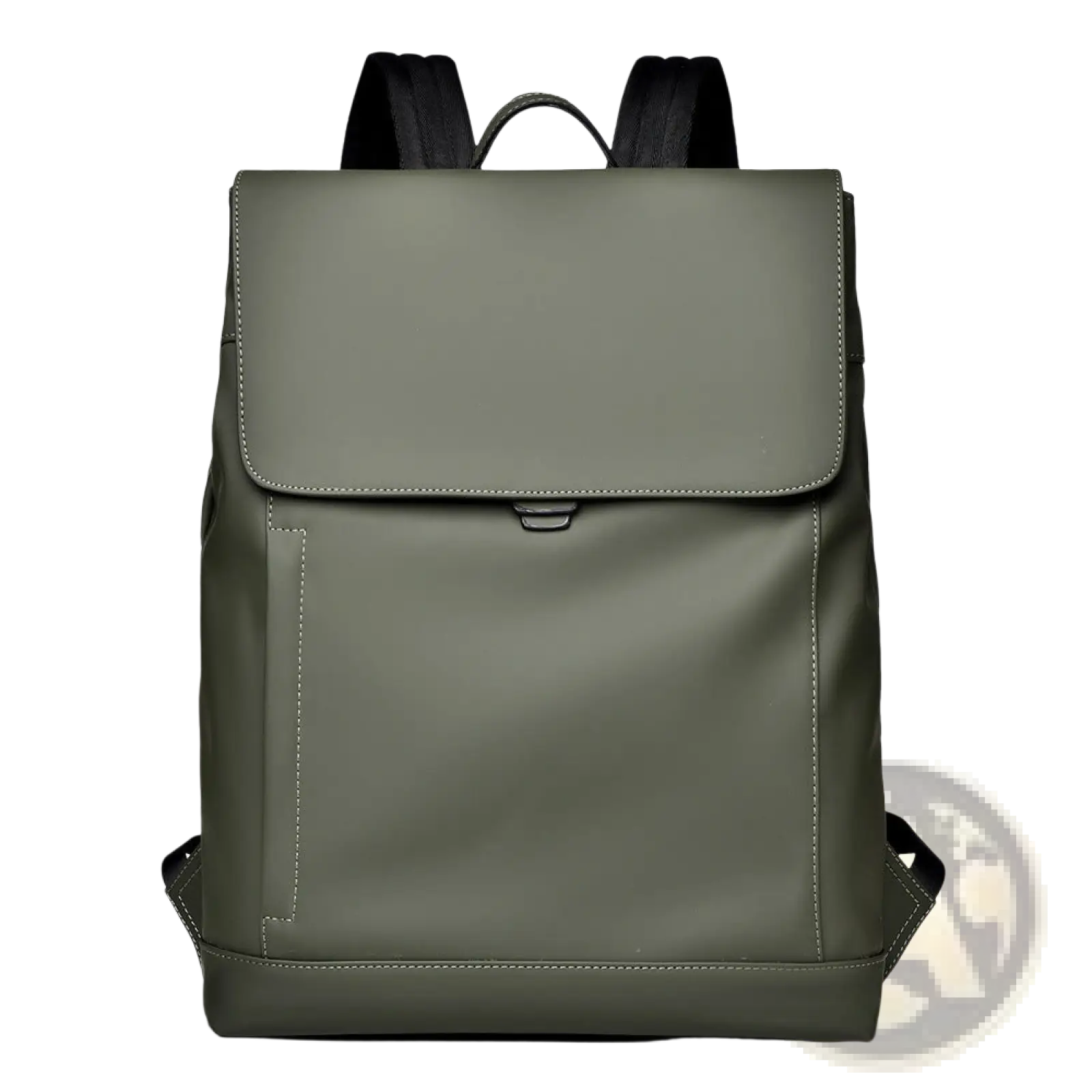 Men’s large nylon business travel backpack in olive green with black straps and subtle stitching details