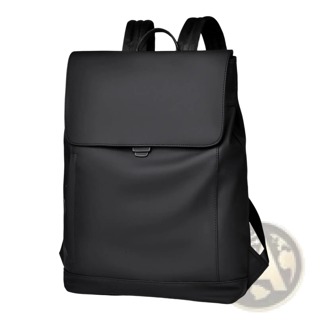 Black minimalist men’s large nylon business travel backpack with sleek matte finish and subtle stitching details