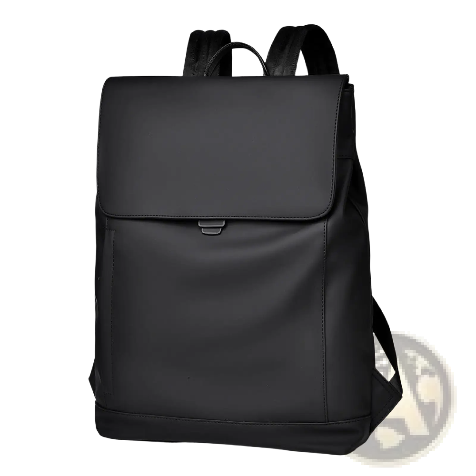 Black minimalist men’s large nylon business travel backpack with sleek matte finish and subtle stitching details