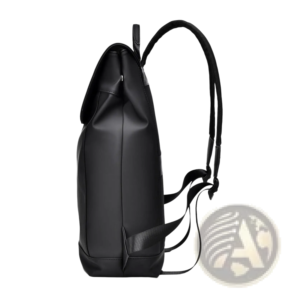Black leather men’s large nylon business travel backpack with sleek minimalist design and adjustable shoulder straps