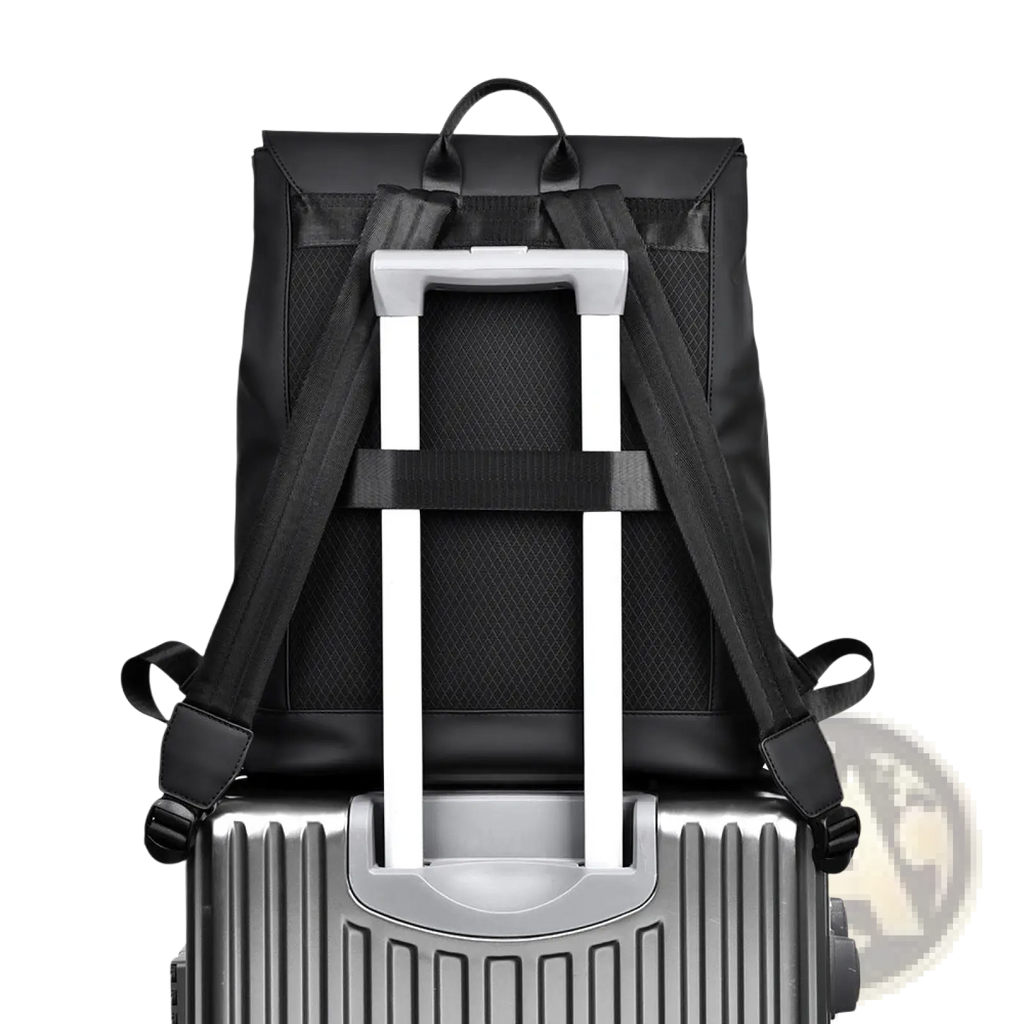 Black men’s large nylon business travel backpack with sleek minimalist design and adjustable shoulder straps back view