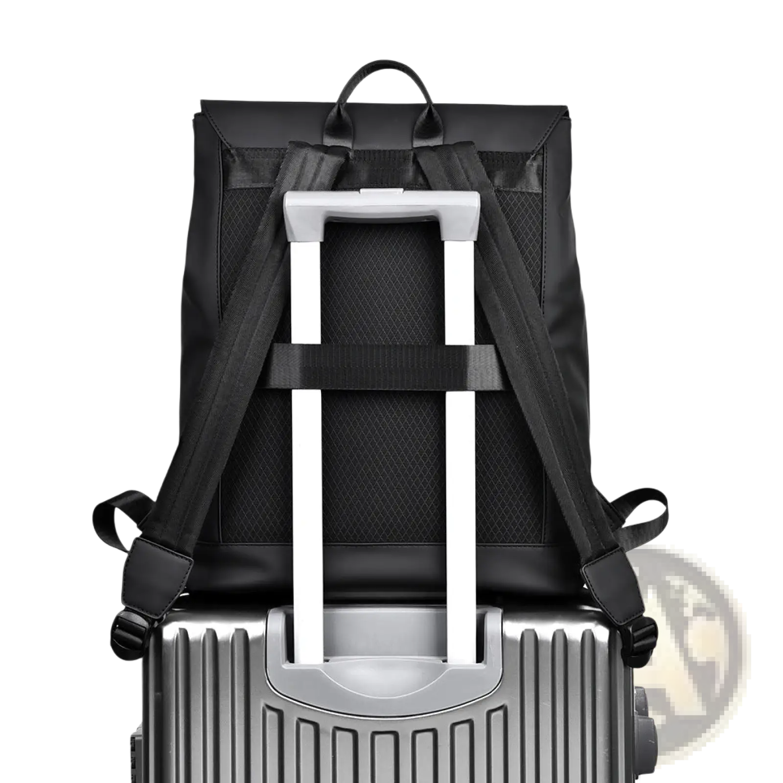 Black men’s large nylon business travel backpack with sleek minimalist design and adjustable shoulder straps back view
