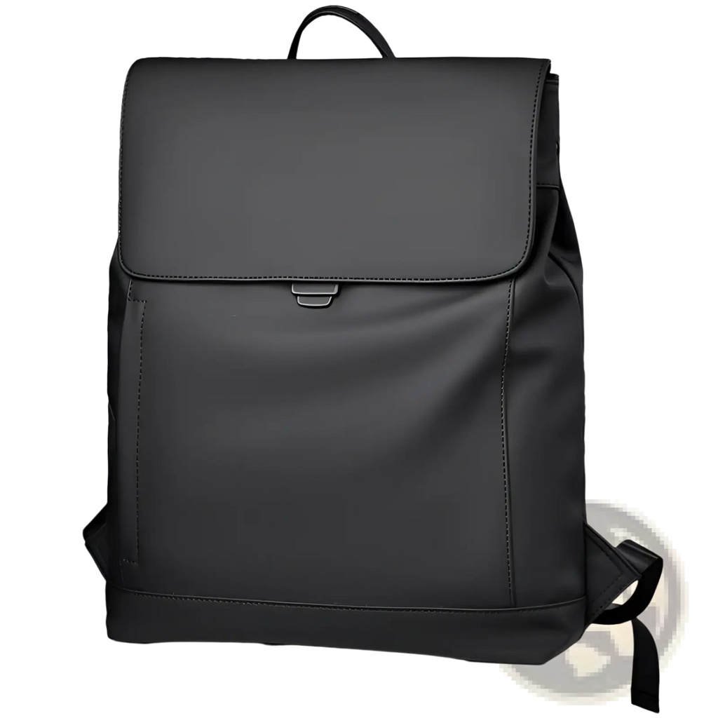 Men’s large black leather-like nylon business travel backpack with minimalist design and subtle stitching details