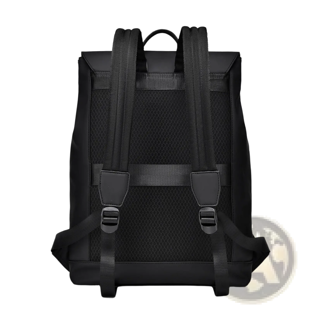Black nylon men’s large business travel backpack with mesh paneling and adjustable straps shown from the back side