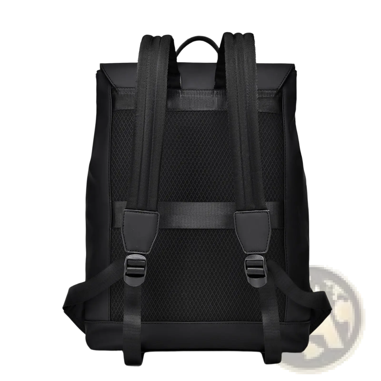 Black nylon men’s large business travel backpack with mesh paneling and adjustable straps shown from the back side